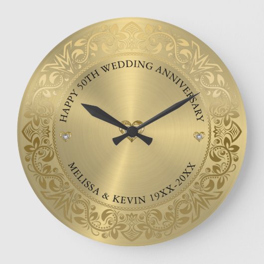 50e bruiloft Jubileum Goud Bloemen Lijst Grote Klok (Voorkant)