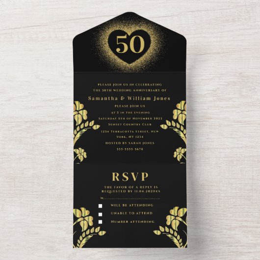 50e bruiloft Jubileum Goud Bloemen Modern All In One Uitnodiging (Binnen)