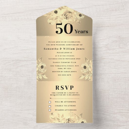 50e bruiloft Jubileum Goud Bloemen Modern All In One Uitnodiging (Binnen)