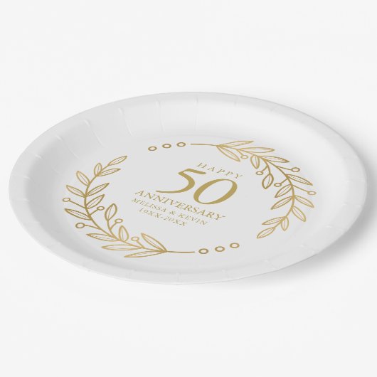 50e bruiloft Jubileum Goud Botanisch Lijst Papieren Bordje (Gekanteld)