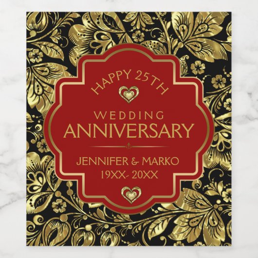 50e bruiloft Jubileum Goud Rood & Zwart Wijn Etiket (Enkel label)