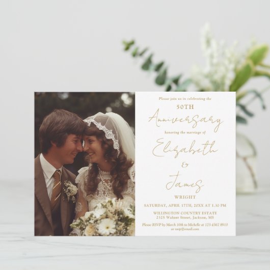 50e bruiloft Jubileum Goud Script Foto Bruiloft Kaart (Staand voorkant)