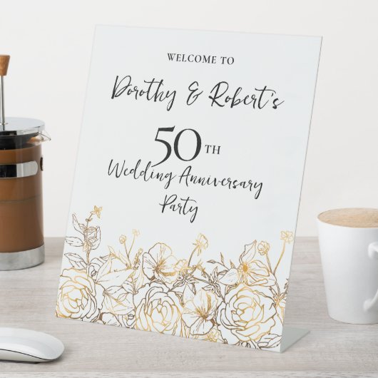 50e bruiloft Jubileum Goud Wit Welkom Reclamebord Met Voetstuk (Insitu)