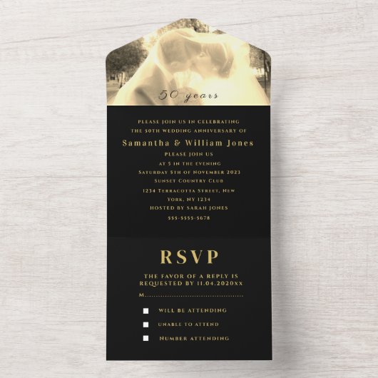 50e bruiloft Jubileum Goud Zwart Foto All In One Uitnodiging (Binnen)