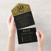 50e bruiloft Jubileum Goud Zwart Modern All In One Uitnodiging (Afscheurbaar)