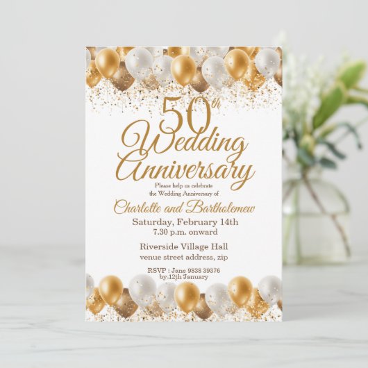 50e bruiloft Jubileum gouden ballon Kaart (Staand voorkant)