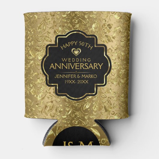 50e bruiloft Jubileum & gouden bloemdamast Blikjeskoeler (Voorkant)