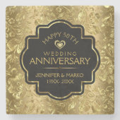 50e bruiloft Jubileum & gouden bloemdamast Stenen Onderzetter (Voorkant)