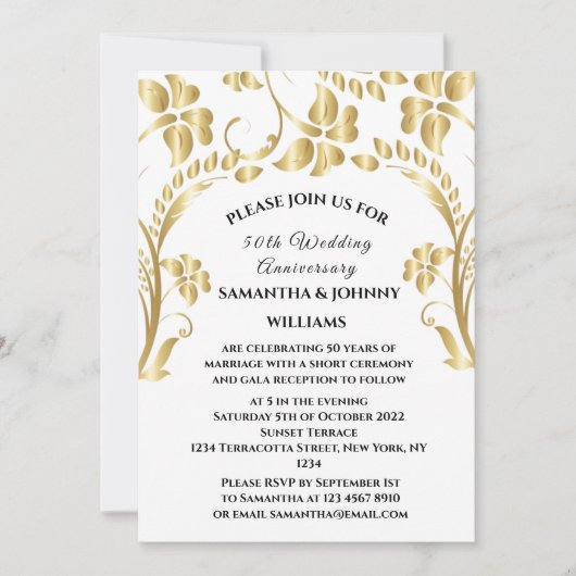 50e bruiloft Jubileum Gouden Botanische Bloemen Kaart (Voorkant)