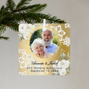 50e bruiloft Jubileum gouden foto bloemen Glas Ornament