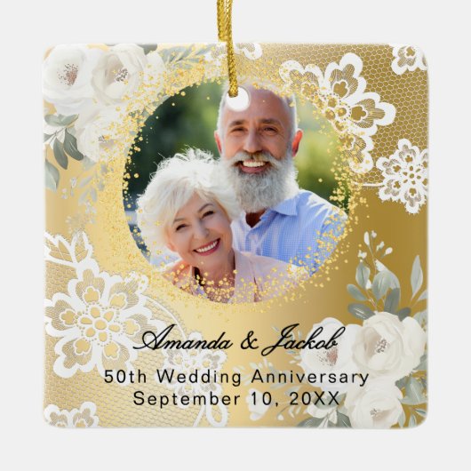50e bruiloft Jubileum gouden foto bloemen Keramisch Ornament (Voorkant)