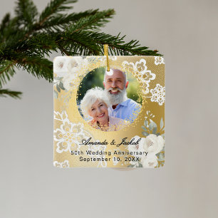 50e bruiloft Jubileum gouden foto bloemen Metalen Ornament