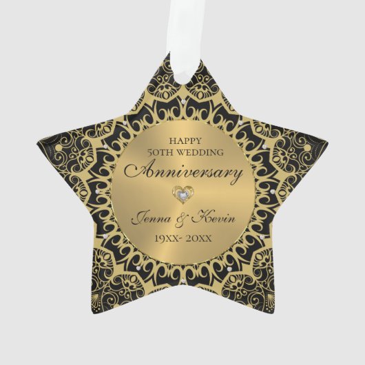 50e bruiloft Jubileum gouden mandala op zwart Ornament (achterkant)