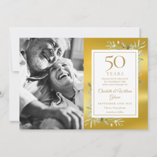 50e bruiloft Jubileum Greenery Gold Foto Save The Date (Voorkant)