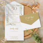 50e bruiloft Jubileum groen goud monogram All In One Uitnodiging<br><div class="desc">Alles in één 50e gouden trouwjubileumuitnodiging met waterverf groen gebladerte en uw evenementengegevens in elegante gouden typografie. De uitnodiging bevat een geperforeerde RSVP-kaart die individueel kan worden geadresseerd of leeg kan worden gelaten om de adresgegevens van uw gast en chique monogram-initialen op een gouden achtergrond met de hand te schrijven....</div>