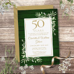 50e bruiloft Jubileum groen houten gebladerte Kaart<br><div class="desc">Met delicate waterverf land tuin groen op een smaragdgroene rustieke houten achtergrond,  kan deze stijlvolle jubileumuitnodiging worden gepersonaliseerd met uw speciale 50 jaar jubileumviering informatie,  met een gouden achtergrond op de achterkant. Ontworpen door Thisnotme©</div>