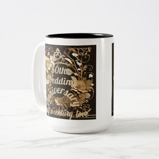 50e bruiloft Jubileum Half a Century, Love Gold Tweekleurige Koffiemok (Voorkant links)
