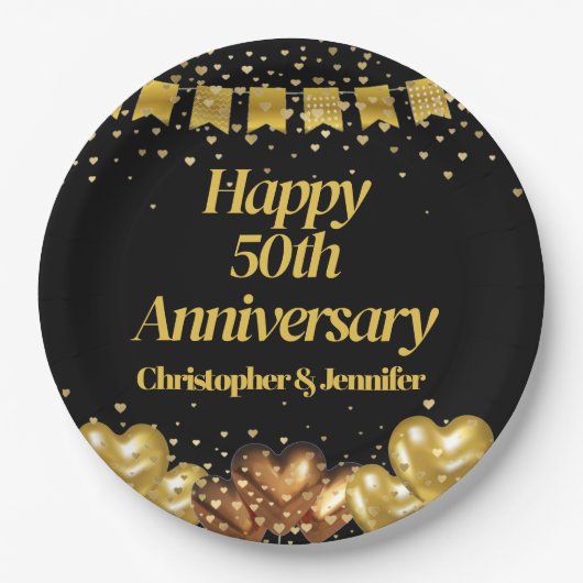 50e bruiloft Jubileum Happy Black en Gold Papieren Bordje (Voorkant)