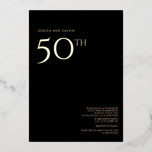 50e bruiloft Jubileum Invitation Zwart & Goud Folie Uitnodiging (Voorkant)