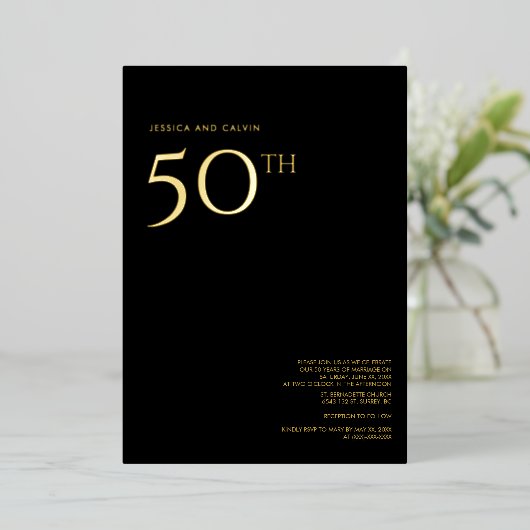 50e bruiloft Jubileum Invitation Zwart & Goud Folie Uitnodiging (Staand Voorkant)