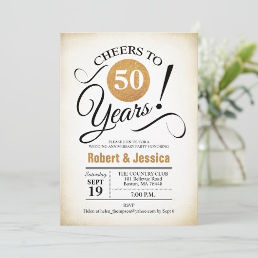 50e bruiloft Jubileum Partij - Gold White Invita Kaart (Staand voorkant)