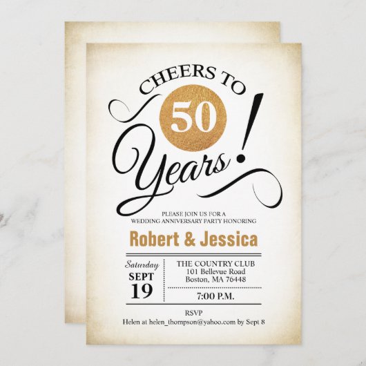 50e bruiloft Jubileum Partij - Gold White Invita Kaart (Voorkant / Achterkant)