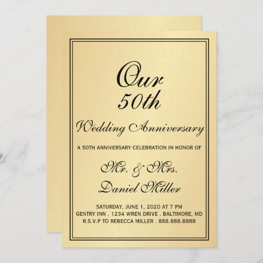 50e bruiloft Jubileum Partij Light Gold Invite Kaart (Voorkant / Achterkant)
