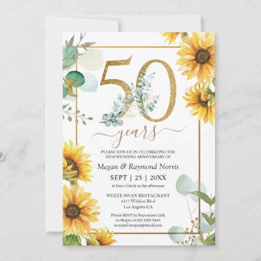 50e bruiloft Jubileum Party Elegante Zonnebloemen Kaart (Voorkant)