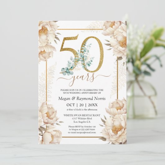 50e bruiloft Jubileum Party Gold White Peony Kaart (Staand voorkant)