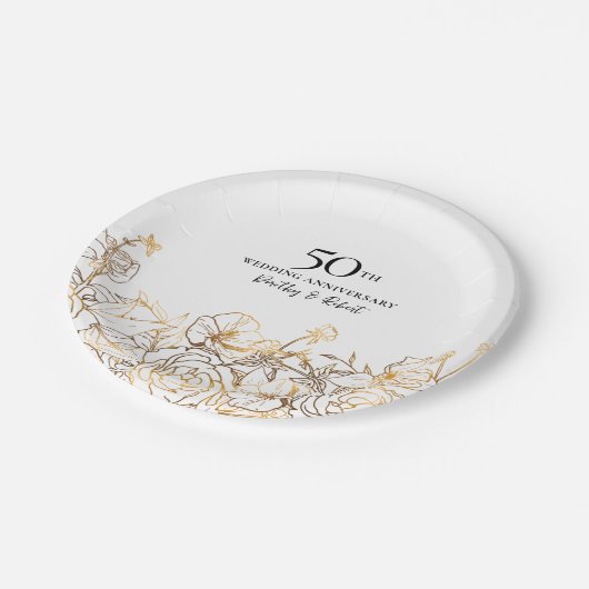 50e bruiloft Jubileum Party Goud Wit Bloemen Papieren Bordje (Gekanteld)