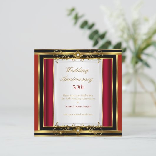 50e bruiloft Jubileum Red Gold Black White Kaart (Staand voorkant)