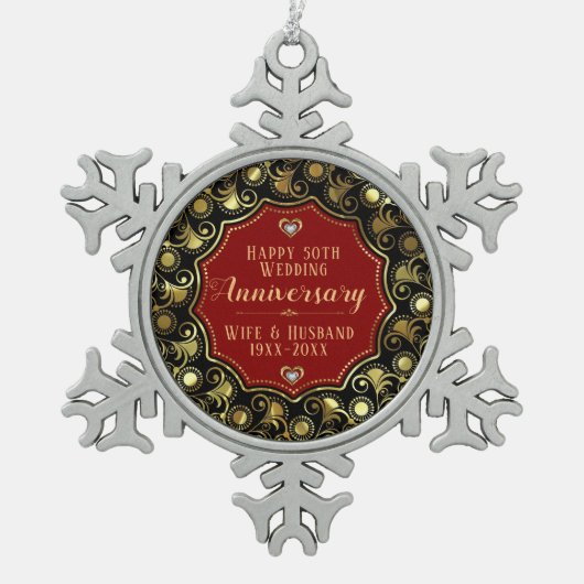 50e bruiloft Jubileum Rood Zwart & Goud Tin Sneeuwvlok Ornament (Voorkant)