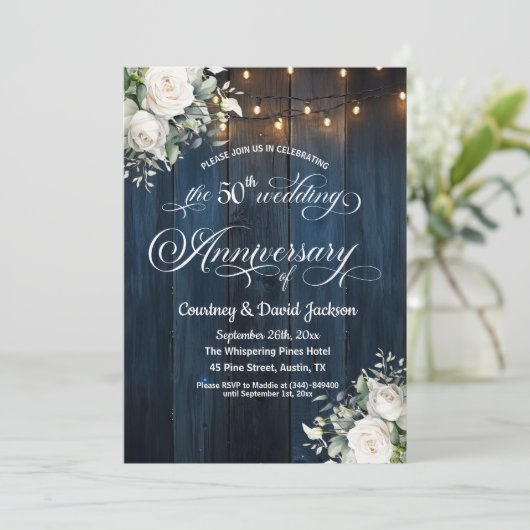 50e bruiloft Jubileum Rustiek Blauw String Lichten Kaart (Staand voorkant)