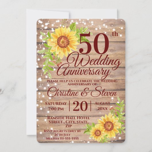 50e bruiloft Jubileum rustieke zonnebloem Kaart (Voorkant)