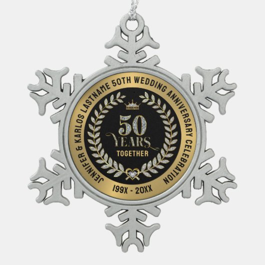 50e bruiloft Jubileum Sparkling Laurel Wreath Tin Sneeuwvlok Ornament (Voorkant)
