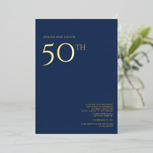 50e bruiloft Jubileum uitnodiging marineblauw (Staand Voorkant)