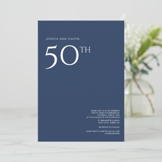 50e bruiloft Jubileum uitnodiging marineblauw (Staand voorkant)