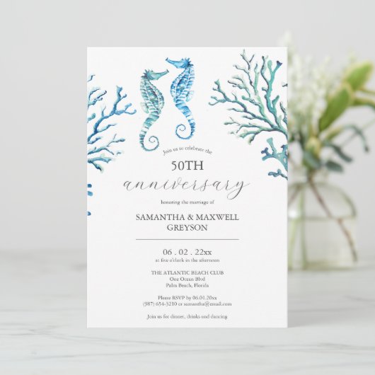 50e bruiloft Jubileum uitnodigingen zeepaardjes (Staand voorkant)