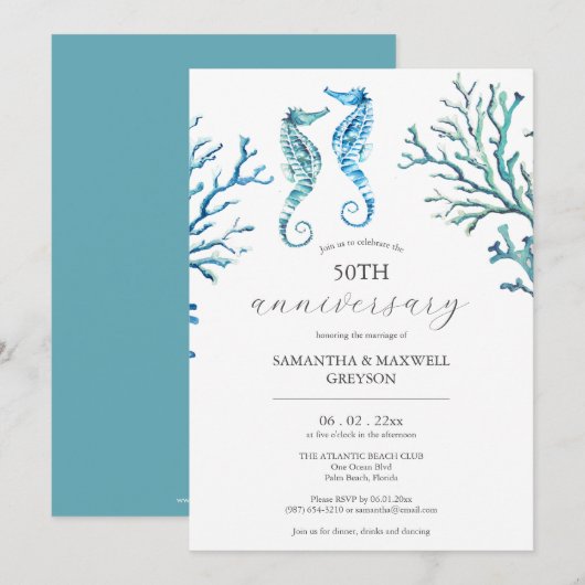 50e bruiloft Jubileum uitnodigingen zeepaardjes (Voorkant / Achterkant)