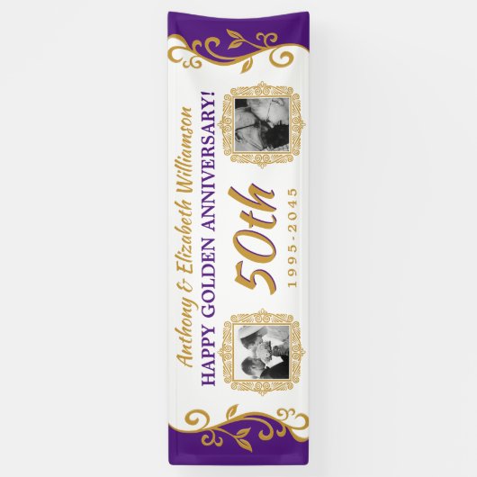50e bruiloft Jubileum Uw foto's Paars goud Spandoek (Verticaal)