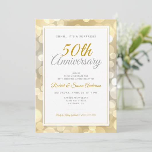 50e bruiloft Jubileum verrassingsbron | Gold Bokeh Kaart (Staand voorkant)