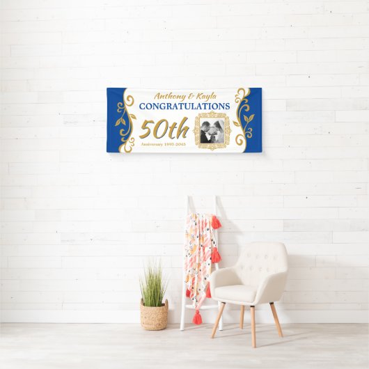 50e bruiloft Jubileum Voeg je foto Blauw goud toe Spandoek (Insitu)