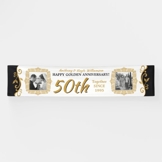 50e bruiloft Jubileum Voeg je foto Gold Black toe Spandoek (Horizontaal)