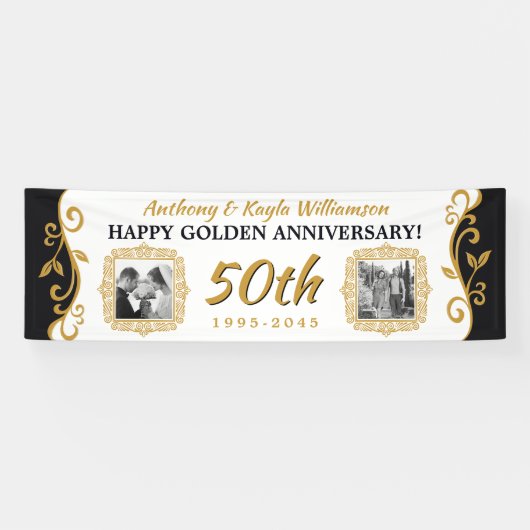 50e bruiloft Jubileum Voeg je foto Gold Black toe Spandoek (Horizontaal)