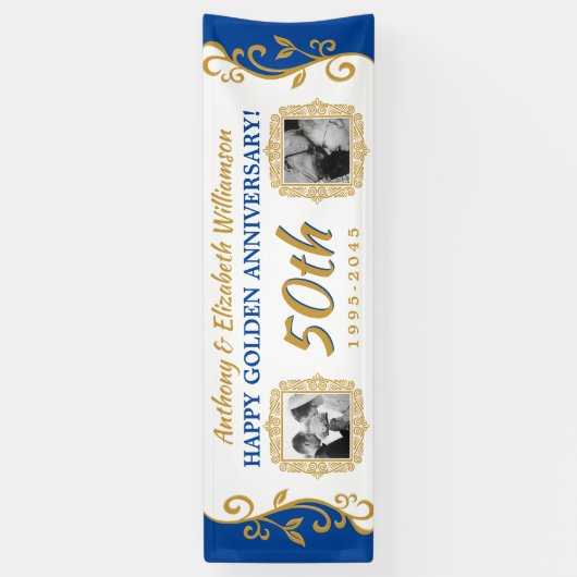 50e bruiloft Jubileum Voeg je foto's Blauw goud to Spandoek (Verticaal)