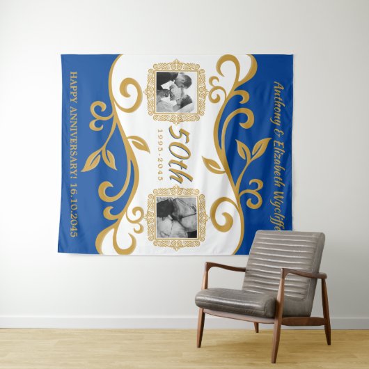 50e bruiloft Jubileum Voeg je foto's Blauw goud to Wandkleed (In Situ (horizontaal))