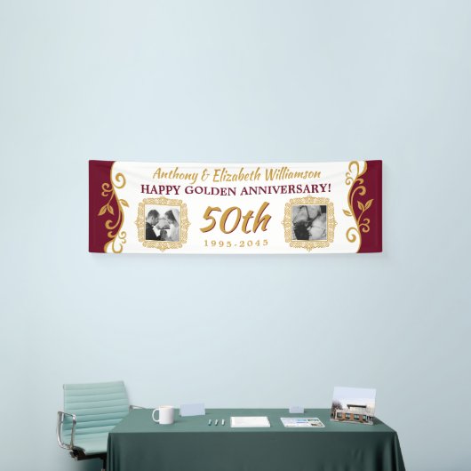 50e bruiloft Jubileum Voeg je foto's rood goud toe Spandoek (Beurs)