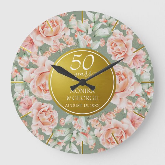 50e bruiloft Jubileum Waterverf Bloemengoud Grote Klok (Voorkant)