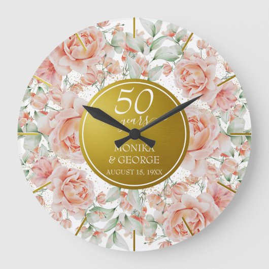 50e bruiloft Jubileum Waterverf Bloemengoud Grote Klok (Voorkant)