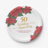 50e bruiloft Jubileum Waterverf Red Poinsettia Papieren Bordje (Voorkant)